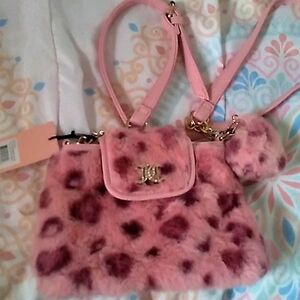 Juicy Couture Pink Furry Leopard crossbody bag with mini heart fur charm viral